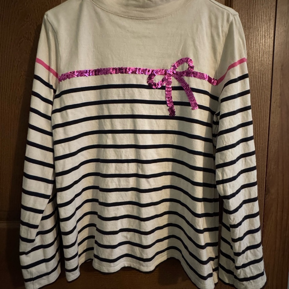 Talbots women’s Long Sleeve Striped Shirt with Pink Sequin Bow